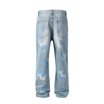 Aidase American Streetwear Butterfly Printed Straight Leg Jeans Man Hip Hop Splashed Ink Blue Jeans Y2k Slim Jeans Men 2024 Fashion aidase-shop